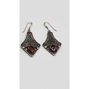 Sterling Silver 925 Red Maroon Carnelian Stone Earrings Vintage Dangle Chunky